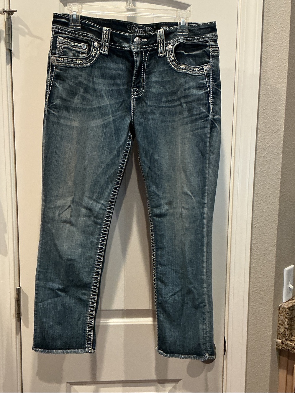 Miss Me Cropped Dark Blue Wash Jeans with Embroidered Pockets